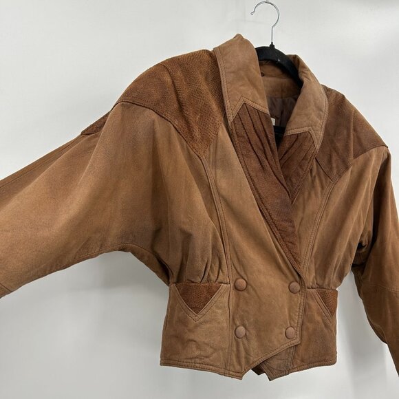 CHIA Vintage Brown Leather Dolman Sleeve Shoulder Pad Cropped Jacket Size XS - Picture 4 of 9